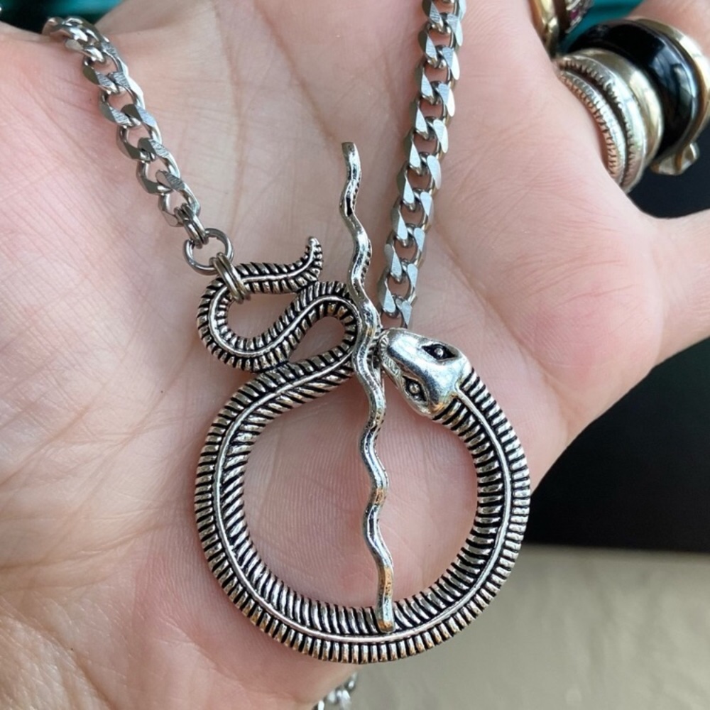 Snake goth silver choke necklace with stainless steel Cuban chain link - Picture 4 of 6